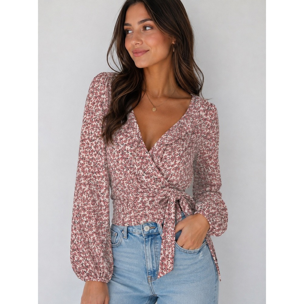 Max Studio Faux Wrap Floral Top Pink Medium Balloon Sleeve Romantic Coquette